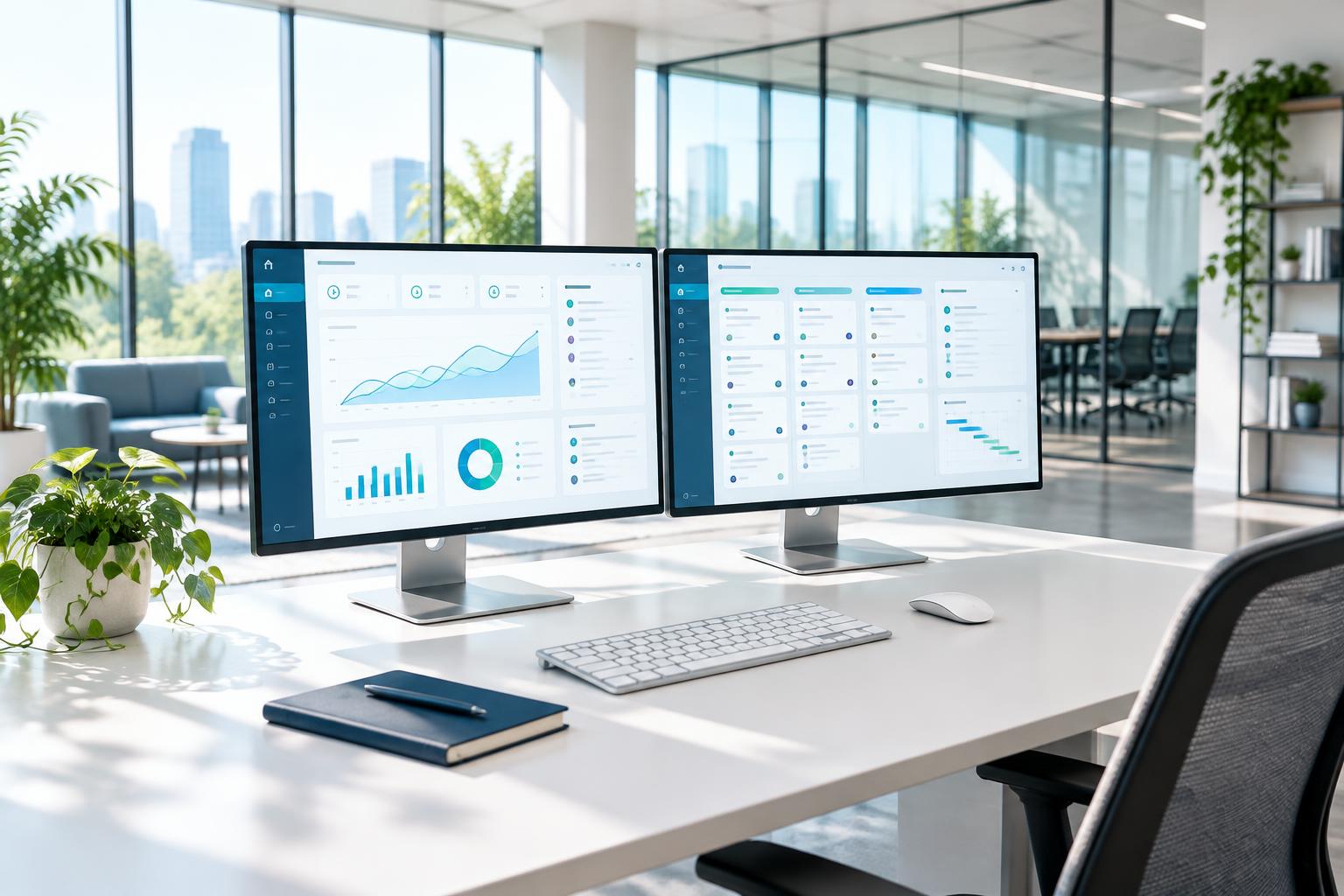 Illustrative software workspace with business dashboard screens